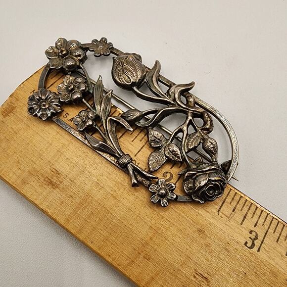 Vintage Art Nouveau Revival Floral Brooch Silver Tone Rose Tulip Bar Pin 1930s - Picture 8 of 8